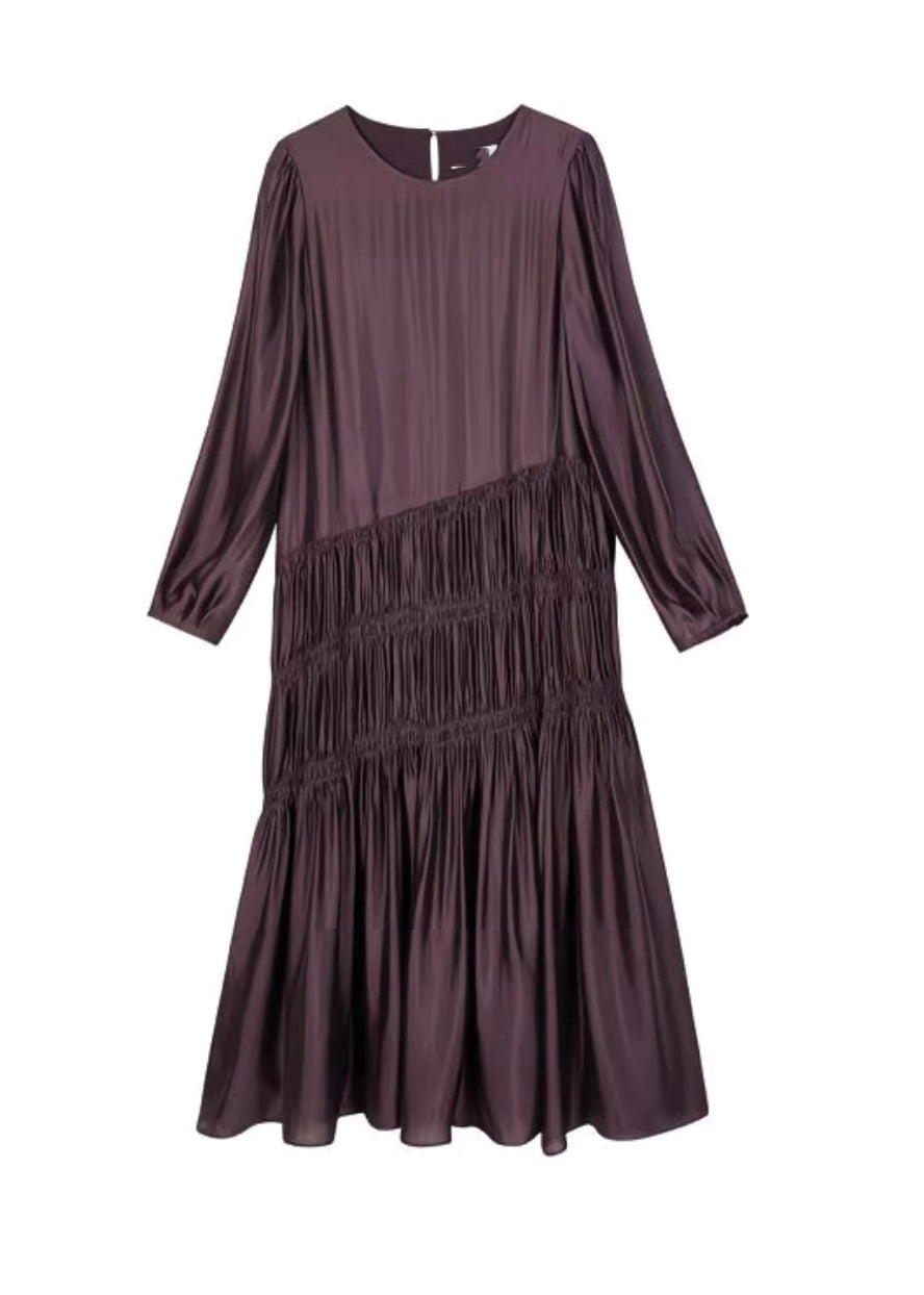 Italian Dark Purple O-Neck Wrinkled Long Dresses Fall