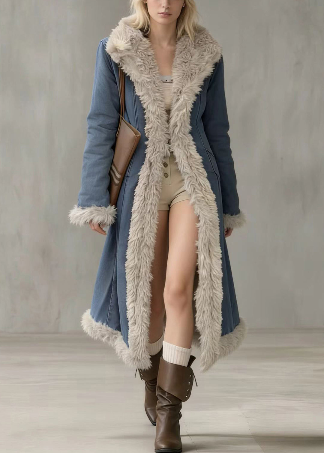 Italian Denim Blue Peter Pan Collar Patchwork Faux Fur Cotton Filled Trench Winter