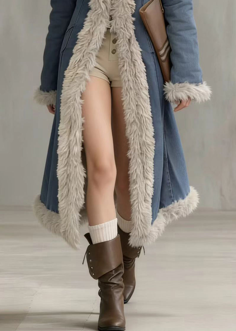 Italian Denim Blue Peter Pan Collar Patchwork Faux Fur Cotton Filled Trench Winter