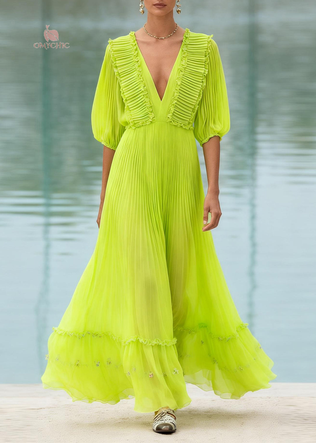 Italian Fluorescent Green Ruffled Patchwork Chiffon Long Dress Summer