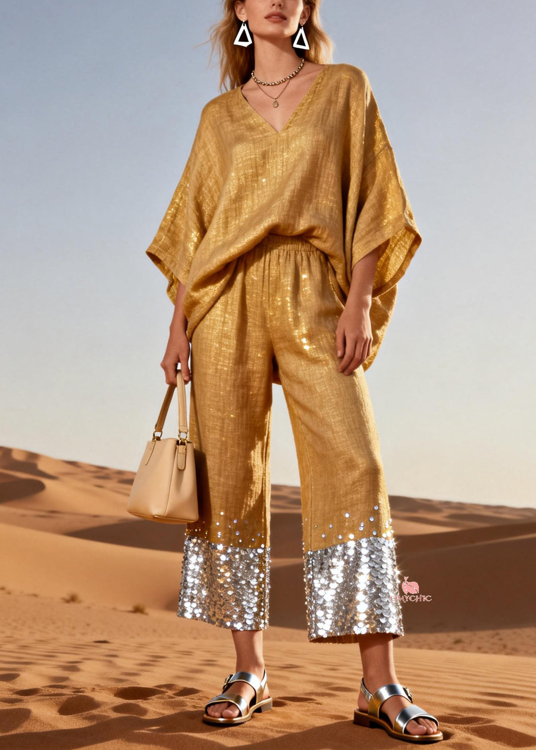 Italian Gold V Neck Elastic Waist Sequins Patchwork Linen Two Pieces Set Batwing Sleeve