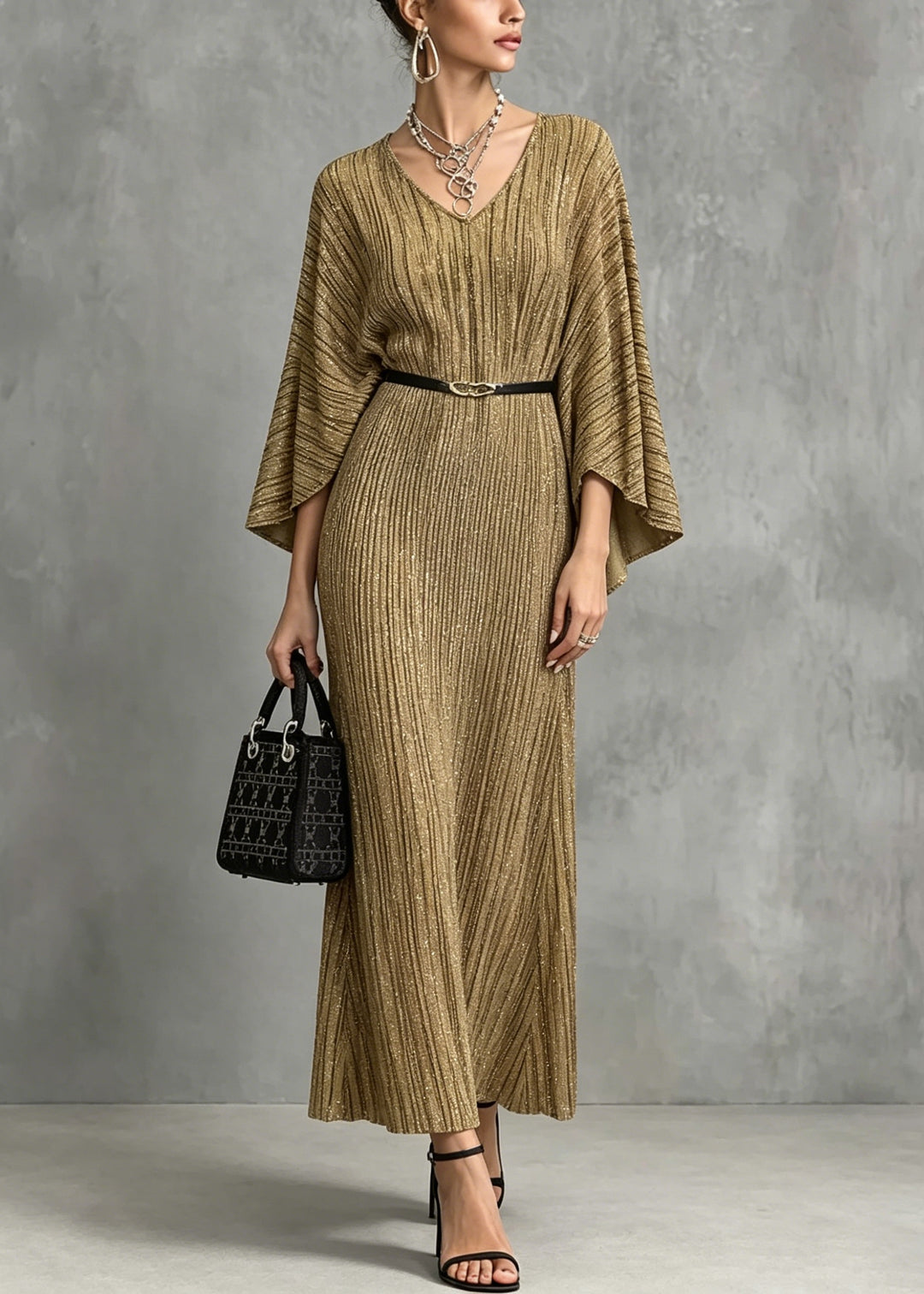 Italian Gold V Neck Long Dresses Batwing Sleeve