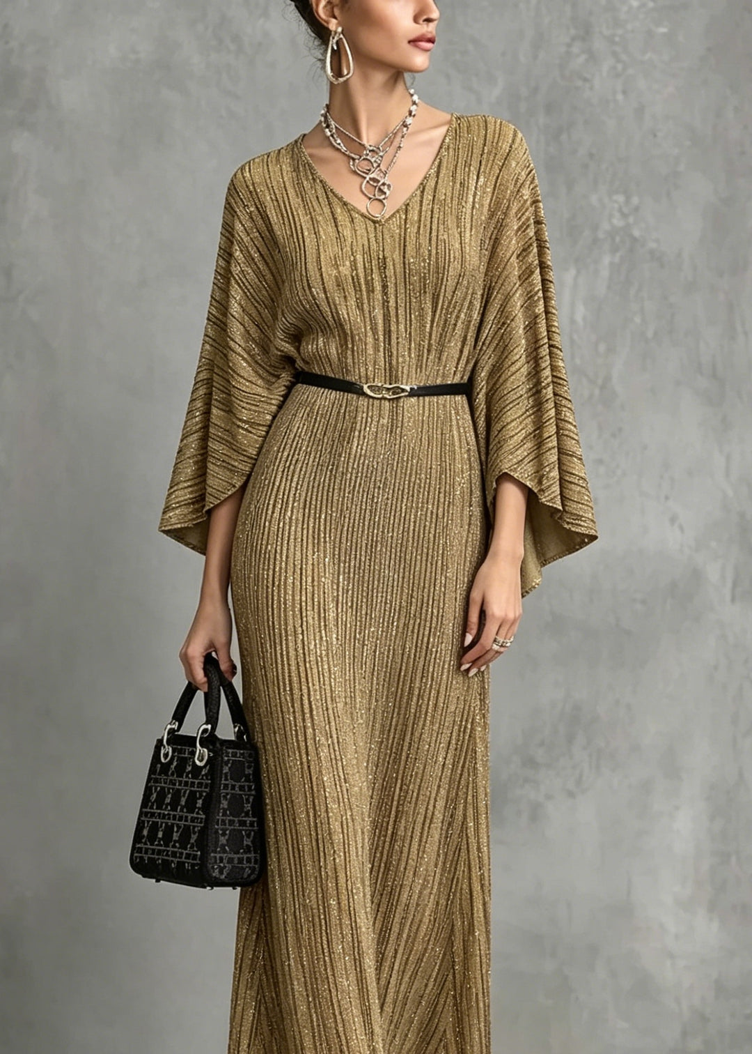 Italian Gold V Neck Long Dresses Batwing Sleeve