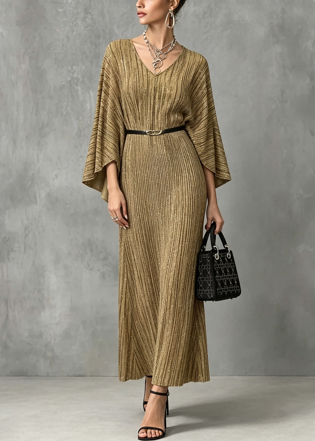 Italian Gold V Neck Long Dresses Batwing Sleeve