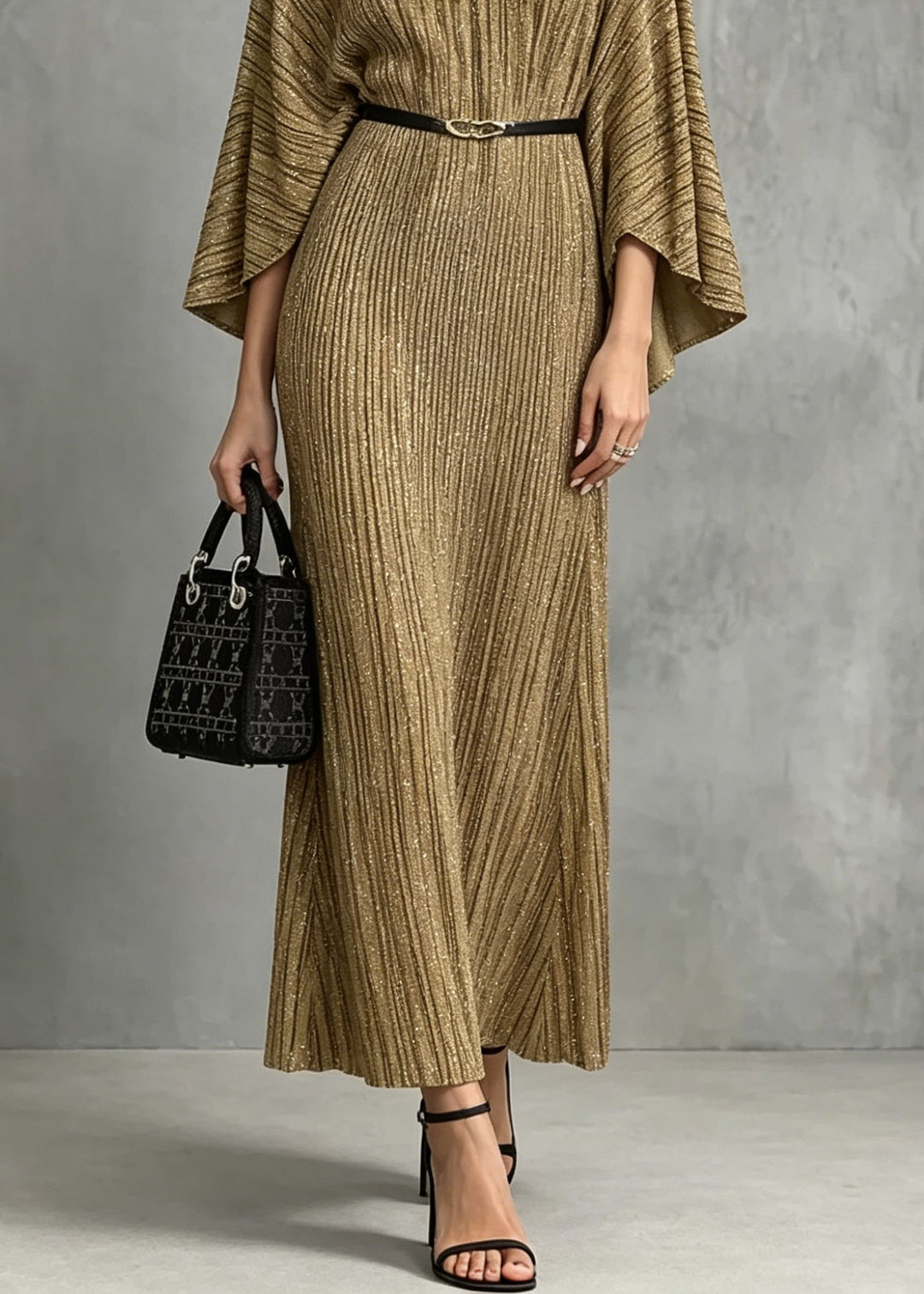 Italian Gold V Neck Long Dresses Batwing Sleeve