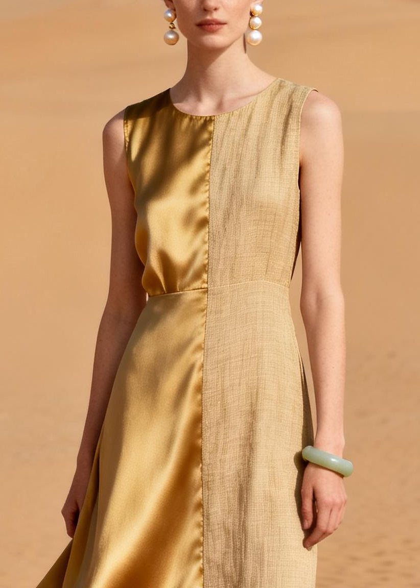 Italian Golden Asymmetrical Patchwork Linen Silk Long Dress Summer