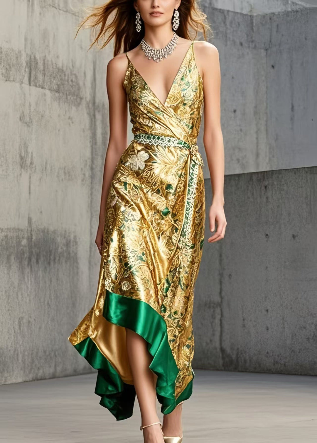 Italian Golden Jacquard Asymmetrical Design Sundress Summer
