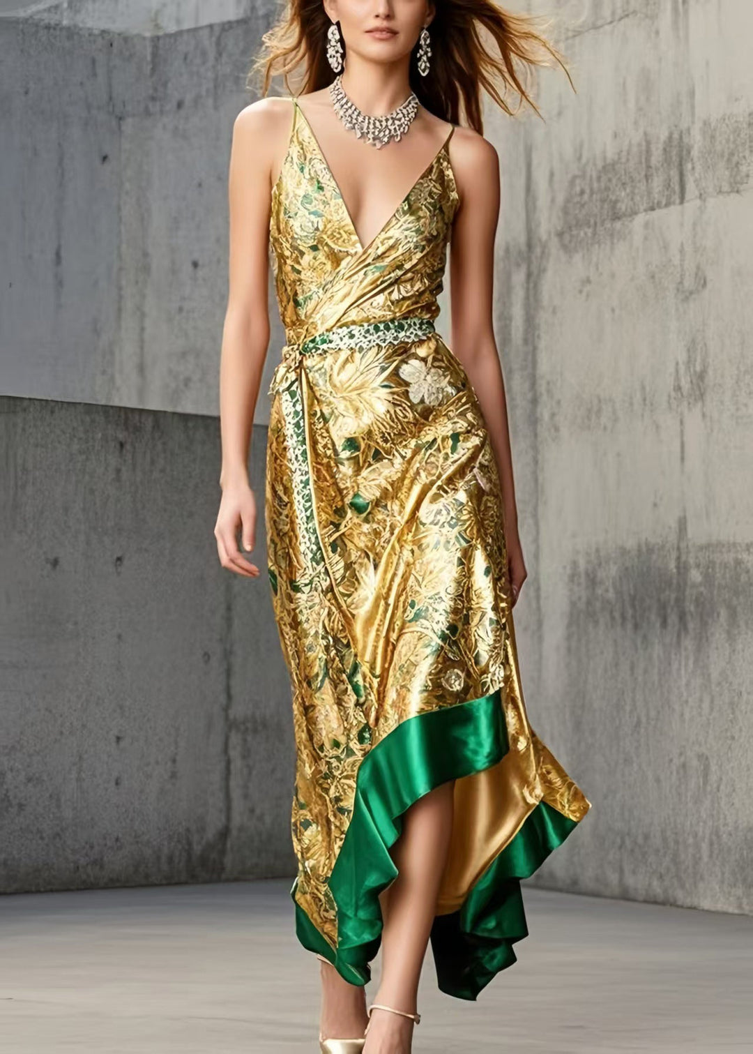 Italian Golden Jacquard Asymmetrical Design Sundress Summer