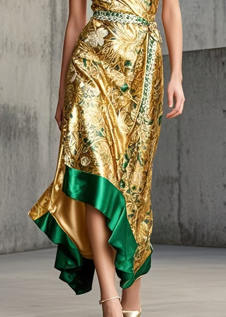 Italian Golden Jacquard Asymmetrical Design Sundress Summer