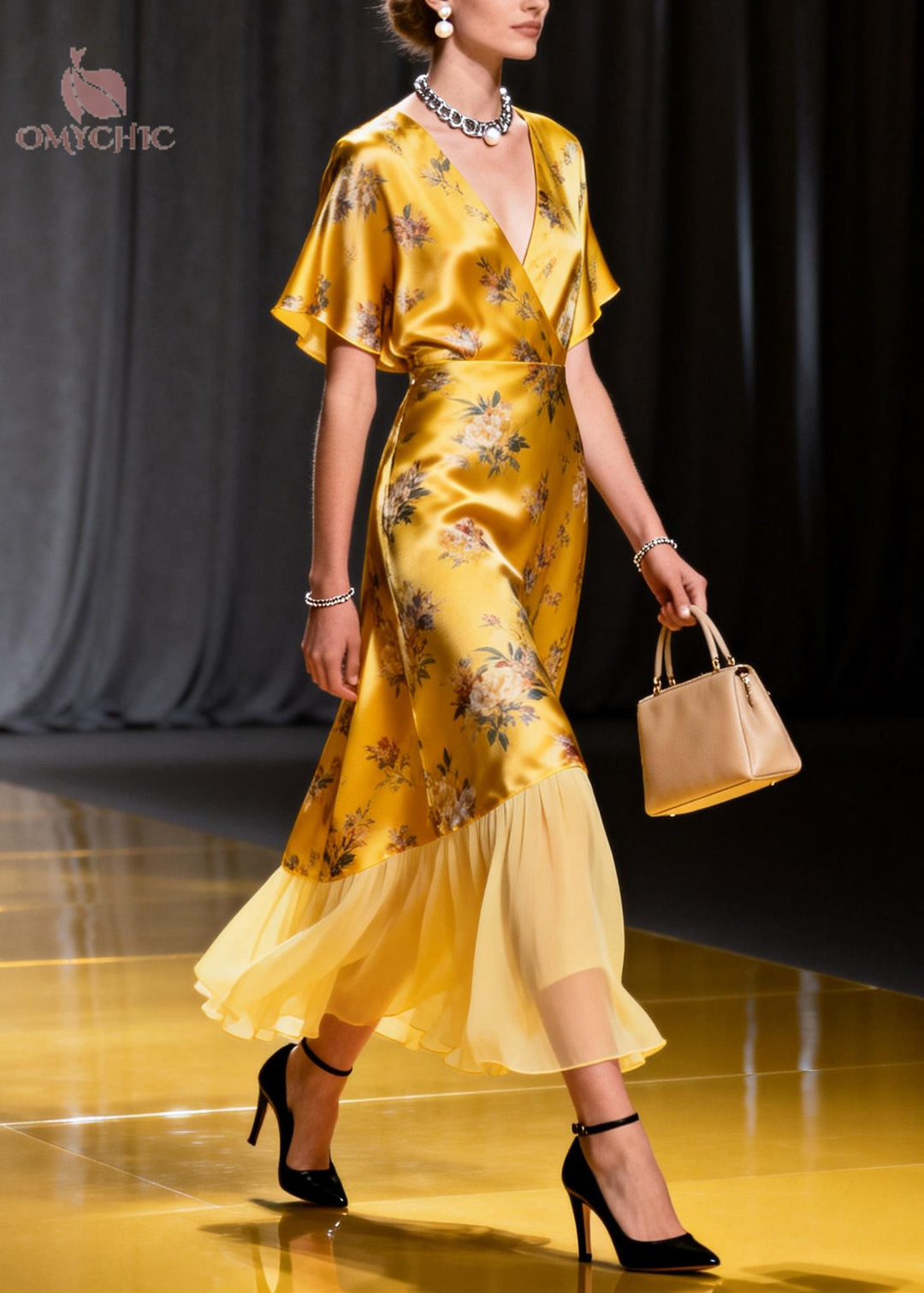 Italian Golden Print Patchwork Tulle Silk Robe Dress Summer
