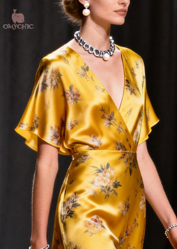 Italian Golden Print Patchwork Tulle Silk Robe Dress Summer