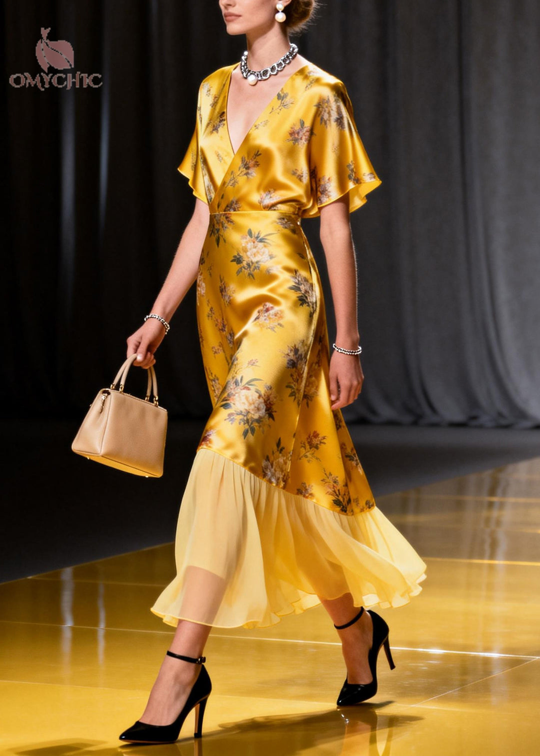 Italian Golden Print Patchwork Tulle Silk Robe Dress Summer