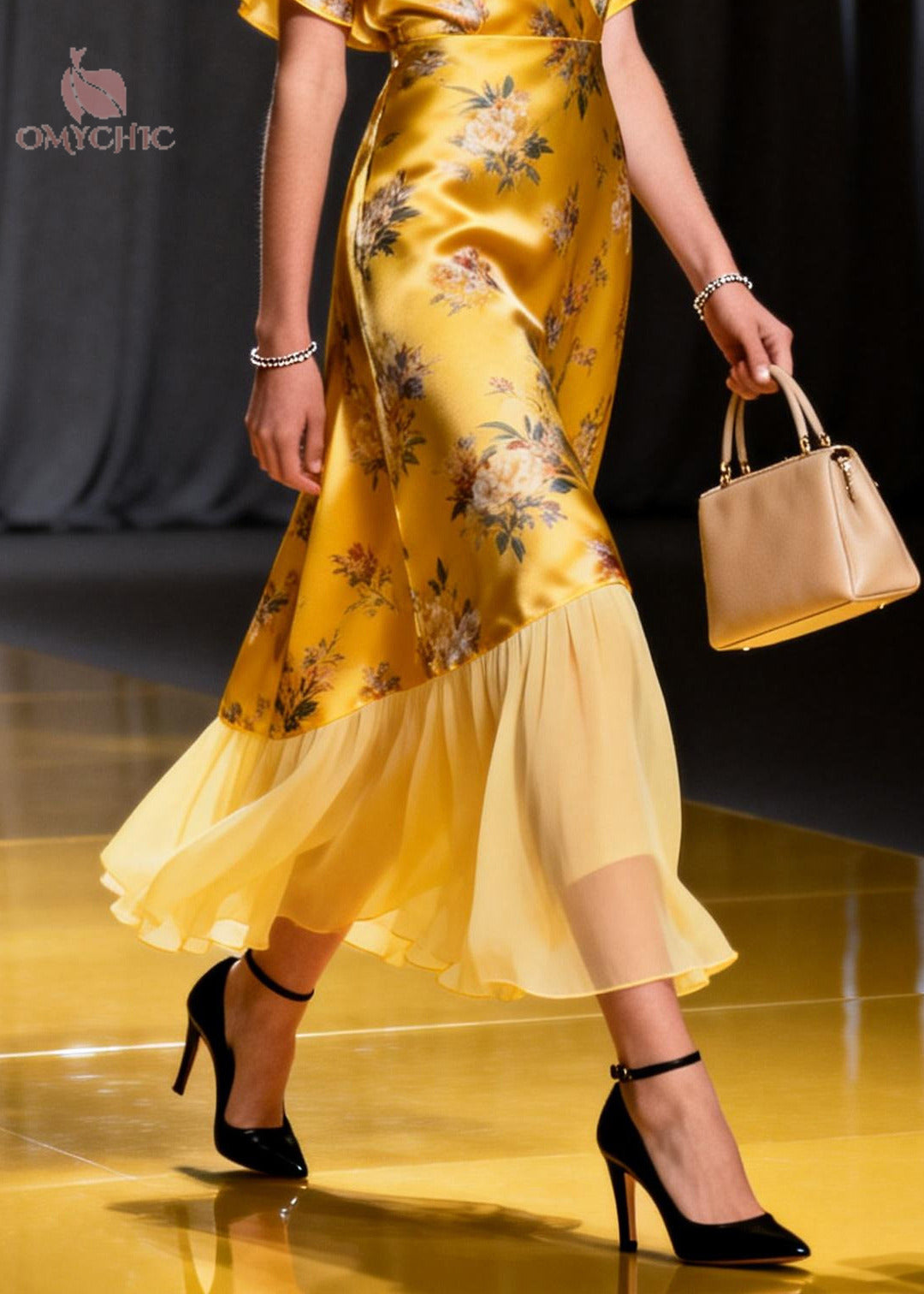 Italian Golden Print Patchwork Tulle Silk Robe Dress Summer