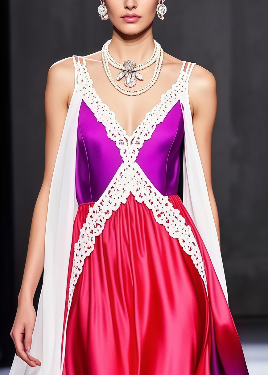 Italian Gradient Color Lace Patchwork Draping Silk Evening Dresses Summer