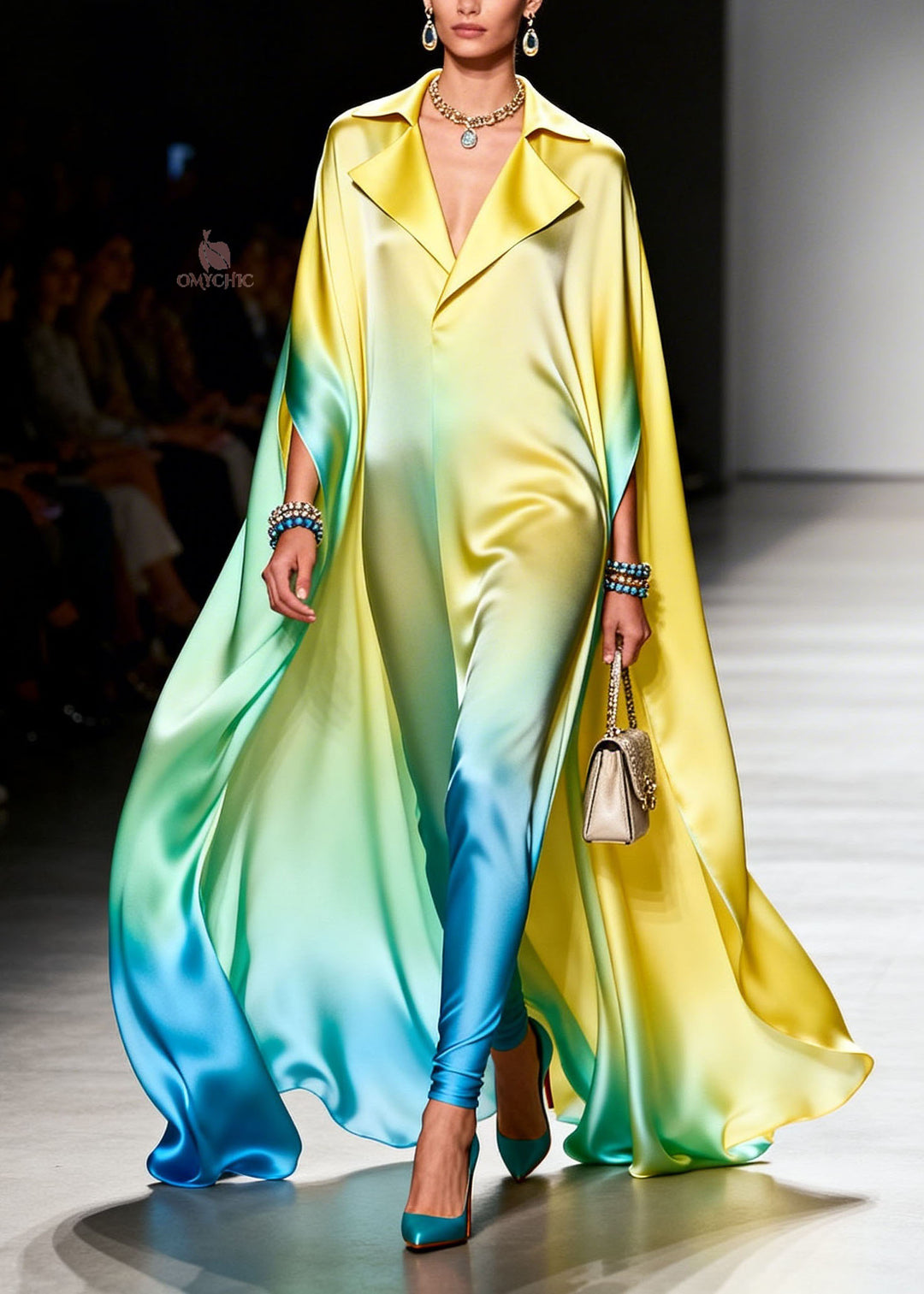 Italian Gradient Color Peter Pan Collar Chiffon Maxi Dresses Summer