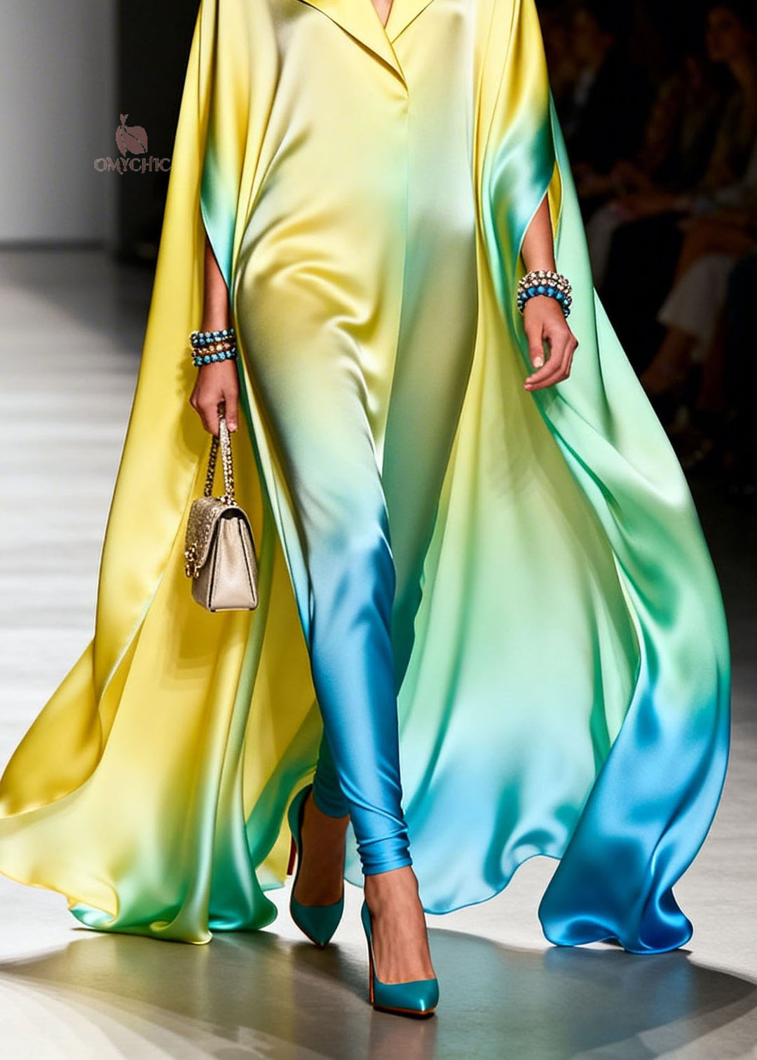 Italian Gradient Color Peter Pan Collar Chiffon Maxi Dresses Summer