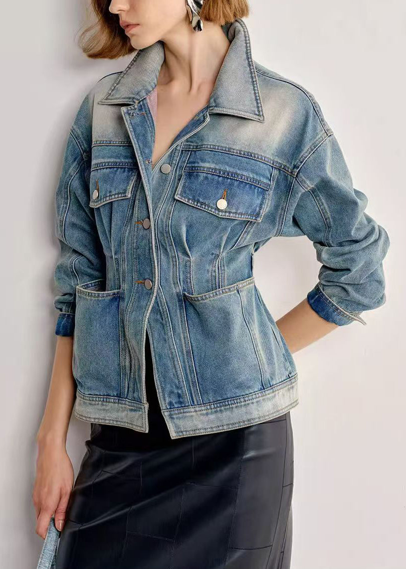 Italian Gradient Color Peter Pan Collar With Pockets Denim Coats Fall