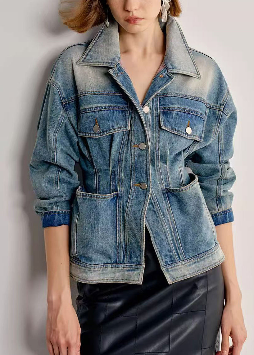 Italian Gradient Color Peter Pan Collar With Pockets Denim Coats Fall