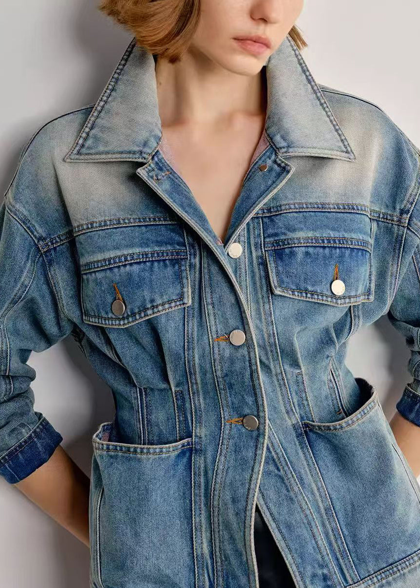 Italian Gradient Color Peter Pan Collar With Pockets Denim Coats Fall