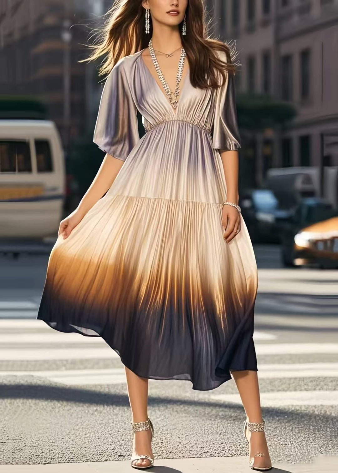 Italian Gradient Color V Neck Tie Dye Silk Pleated Dress Summer