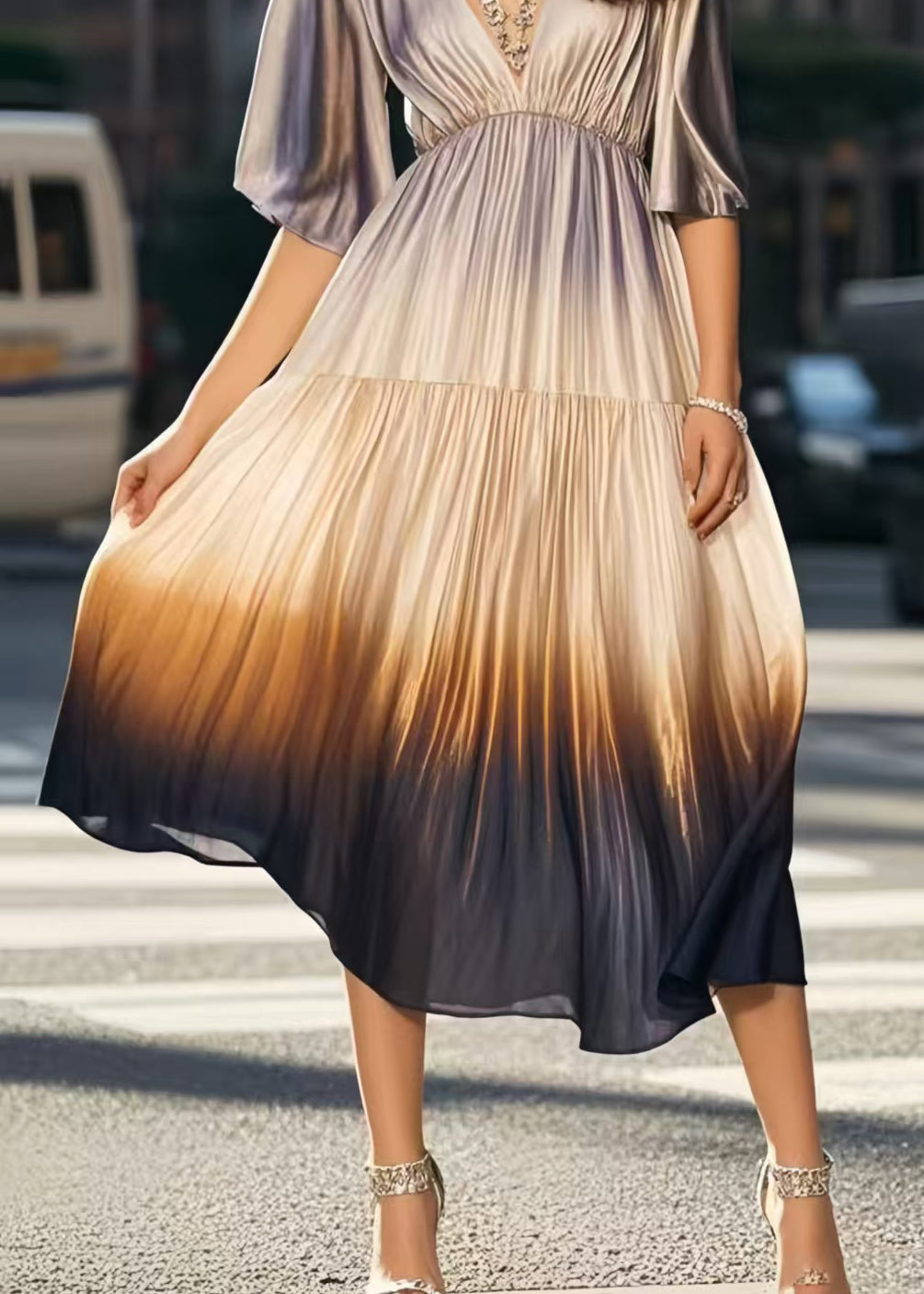 Italian Gradient Color V Neck Tie Dye Silk Pleated Dress Summer
