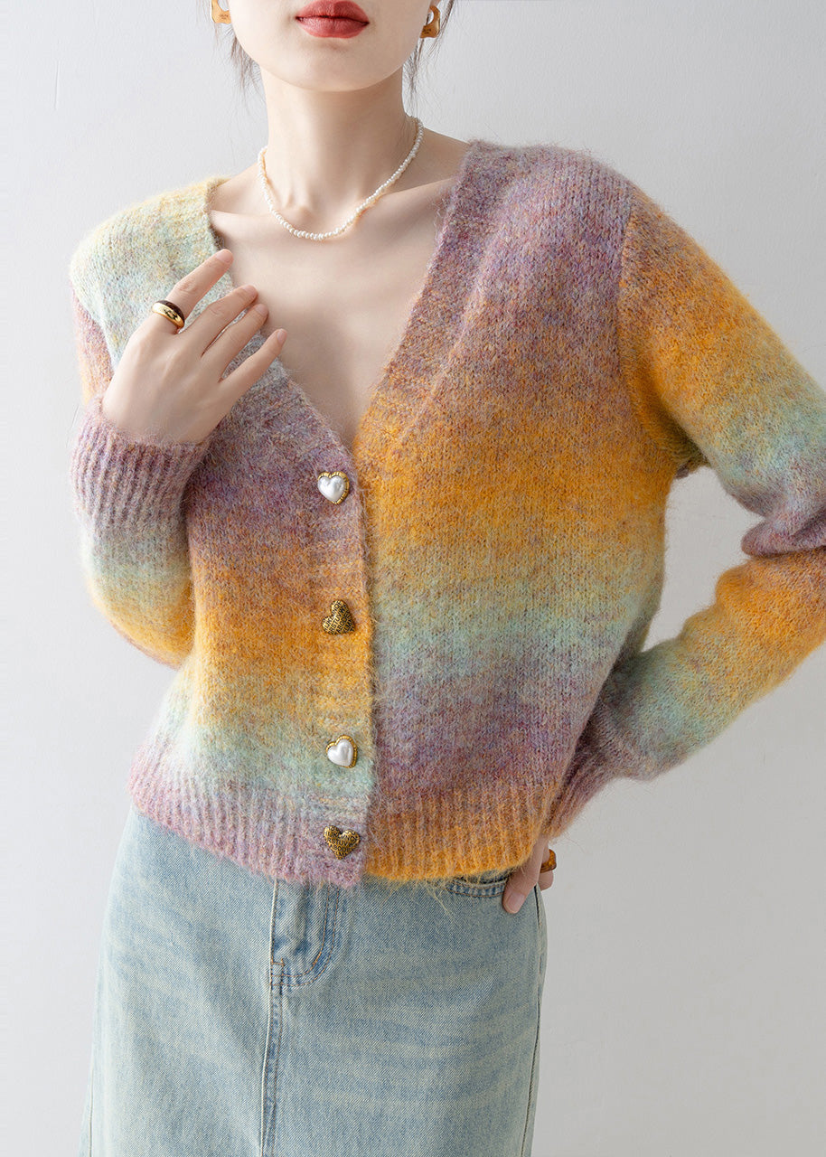 Italian Gradient Color V Neck Warm Knit Cardigan Winter