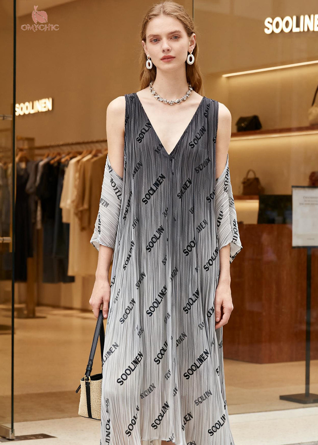Italian Gradient Grey V Neck Graphic Print Wrinkled Chiffon Dresses Summer