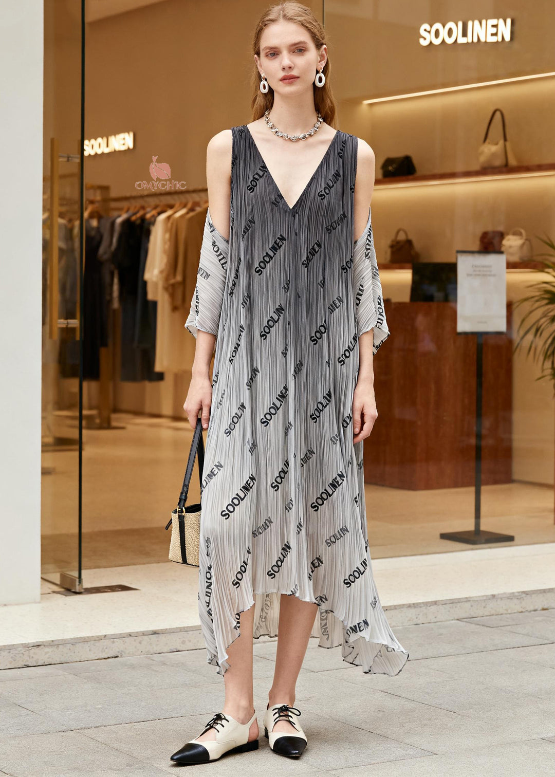 Italian Gradient Grey V Neck Graphic Print Wrinkled Chiffon Dresses Summer