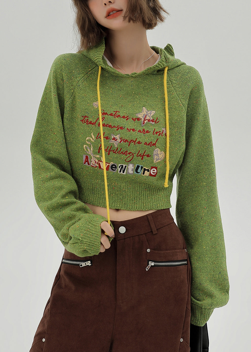 Italian Grass Green Hooded Letter Knit Sweaters Winter