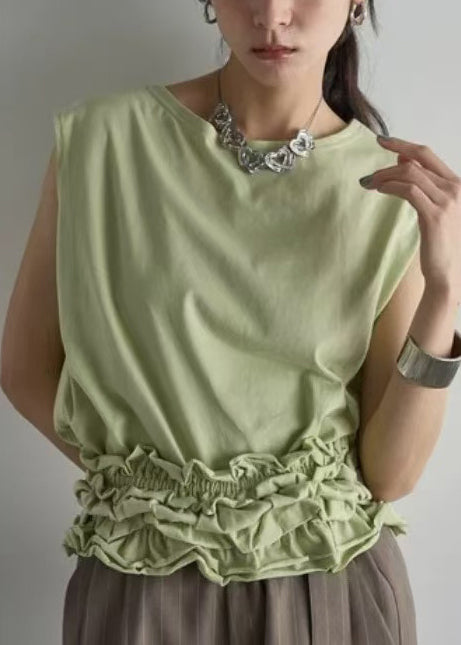 Italian Grass Green Ruffled Cotton Top Sleeveless
