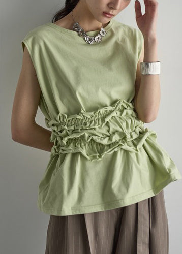 Italian Grass Green Ruffled Cotton Top Sleeveless