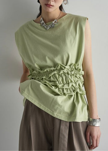Italian Grass Green Ruffled Cotton Top Sleeveless