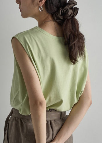 Italian Grass Green Ruffled Cotton Top Sleeveless