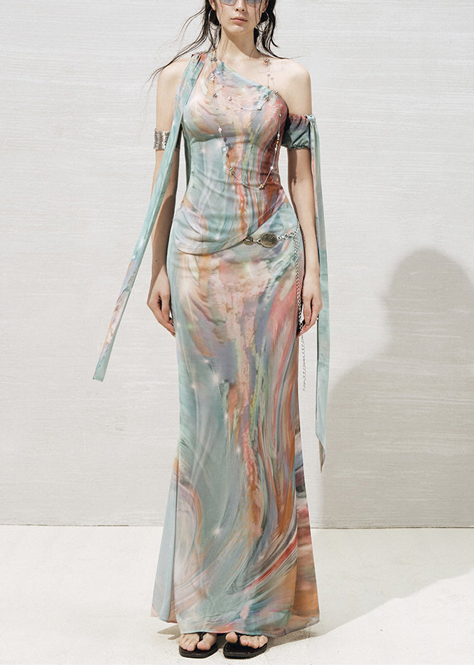 Italian Green Asymmetrical Print Tulle Two-Piece Set Sleeveless