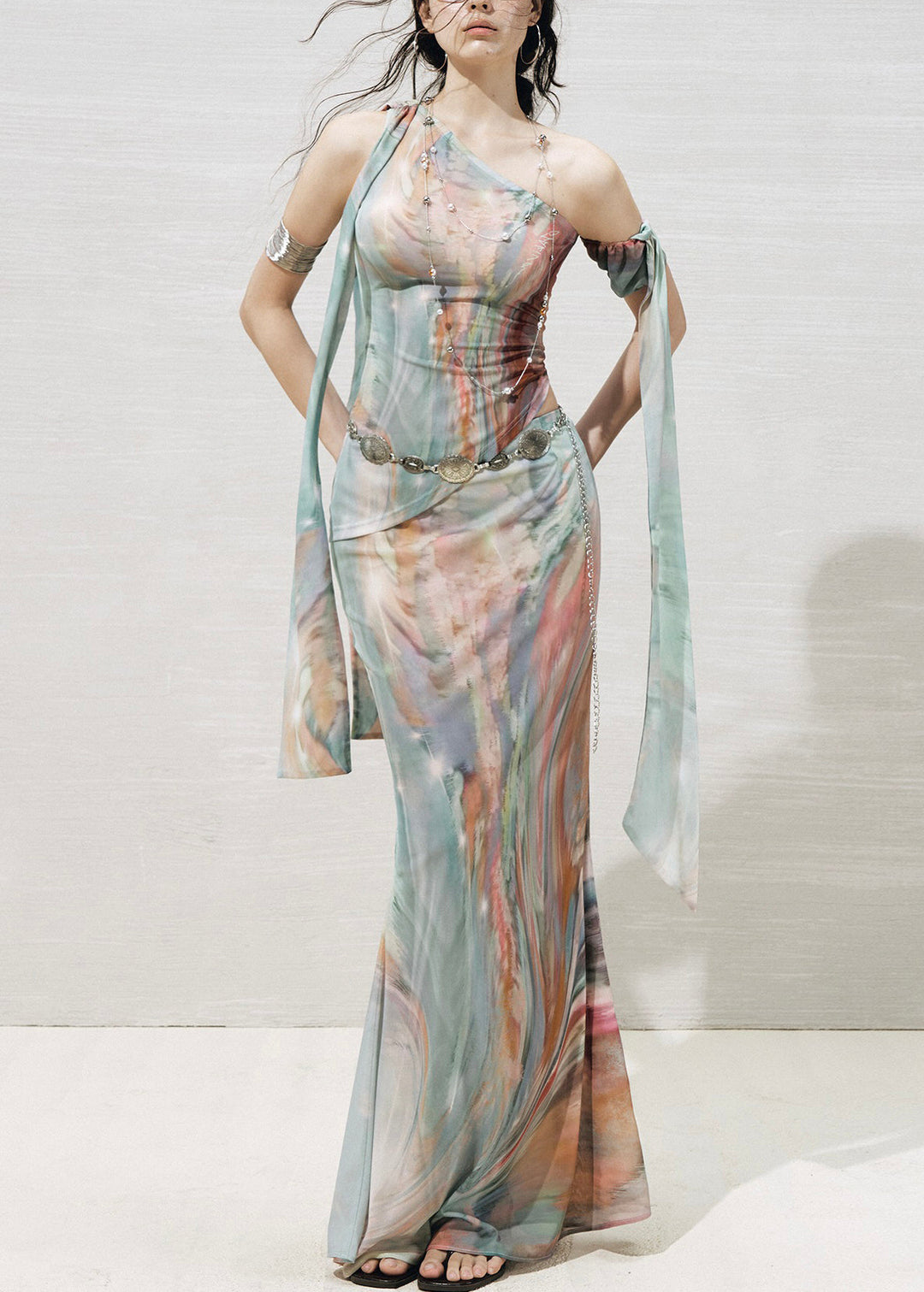 Italian Green Asymmetrical Print Tulle Two-Piece Set Sleeveless
