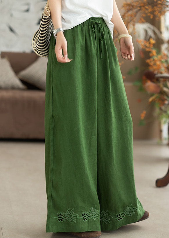 Italian Green Embroidered Hollow Out Linen Straight Pants Summer