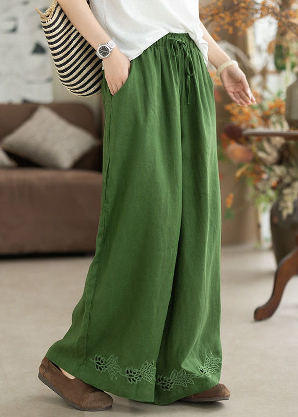 Italian Green Embroidered Hollow Out Linen Straight Pants Summer