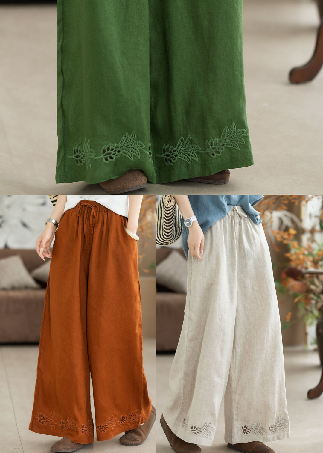 Italian Green Embroidered Hollow Out Linen Straight Pants Summer