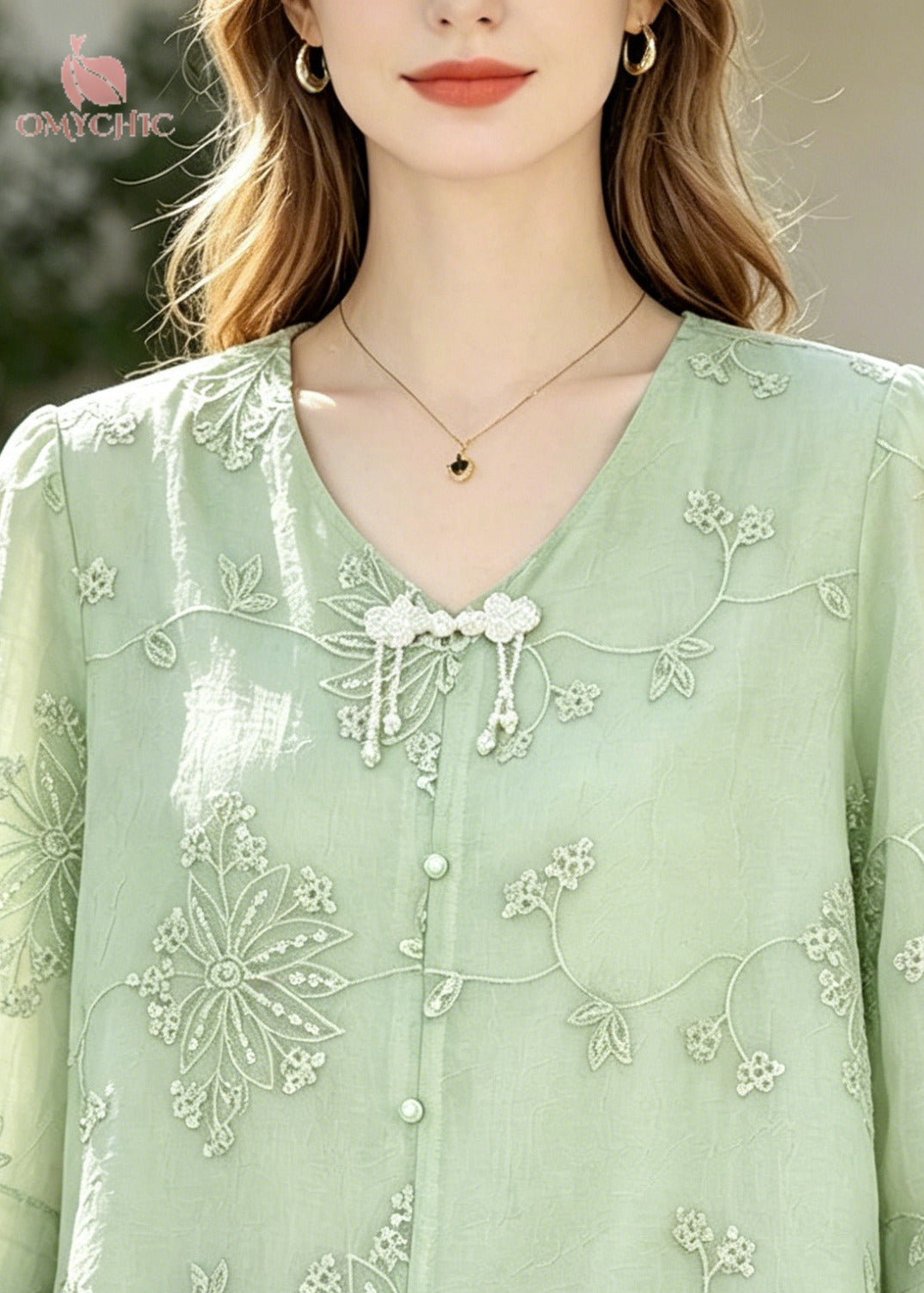 Italian Green Embroidered Tasseled Chiffon Blouses Half Sleeve