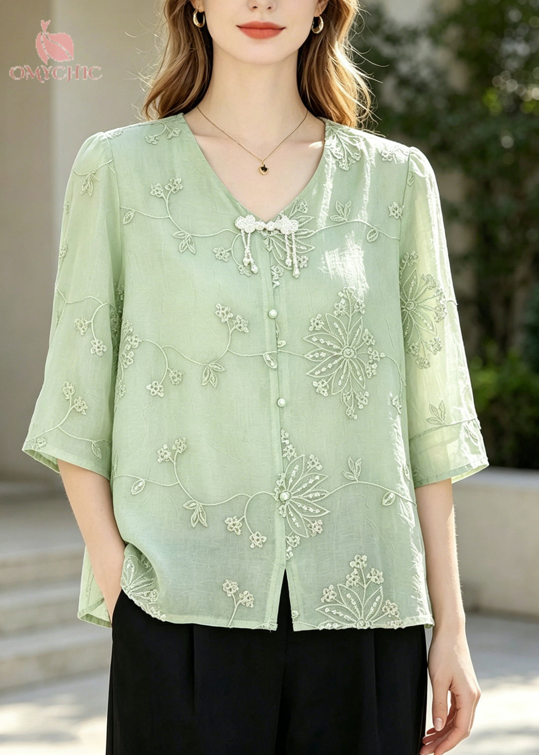 Italian Green Embroidered Tasseled Chiffon Blouses Half Sleeve