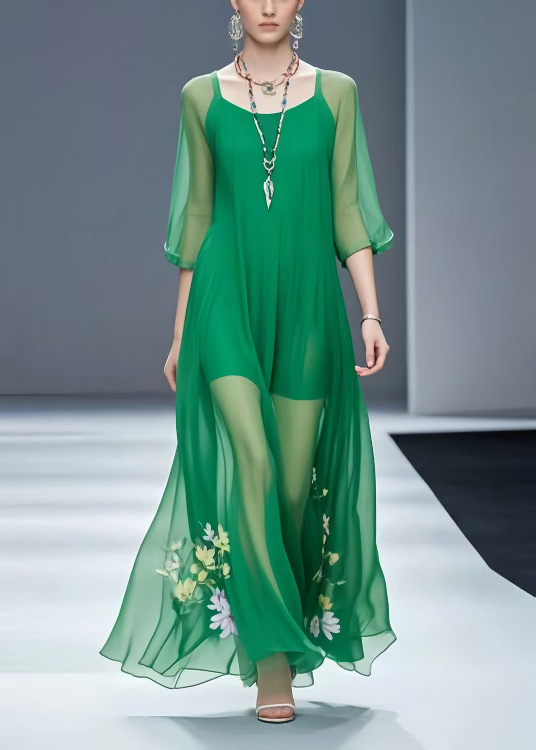 Italian Green Floral Chiffon Vacation Dresses Bracelet Sleeve