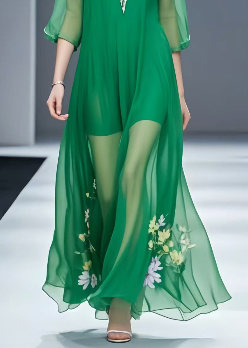 Italian Green Floral Chiffon Vacation Dresses Bracelet Sleeve