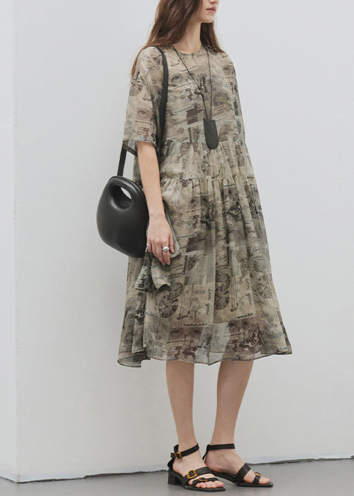 Italian Green Khaki O Neck Print Patchwork Silk Dress Summer