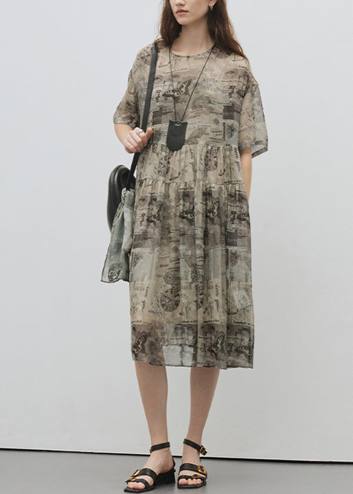 Italian Green Khaki O Neck Print Patchwork Silk Dress Summer