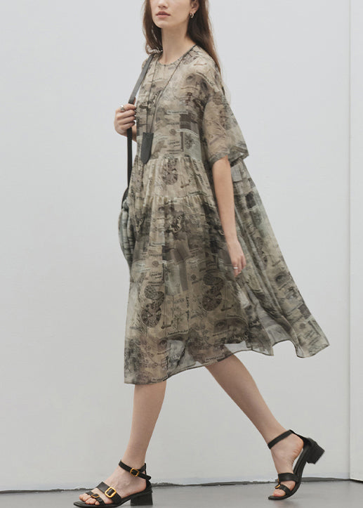 Italian Green Khaki O Neck Print Patchwork Silk Dress Summer