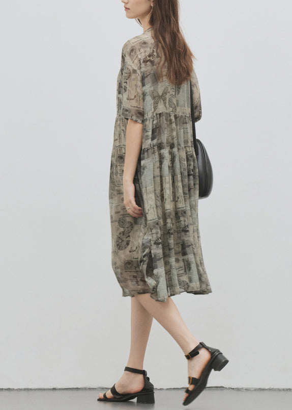 Italian Green Khaki O Neck Print Patchwork Silk Dress Summer