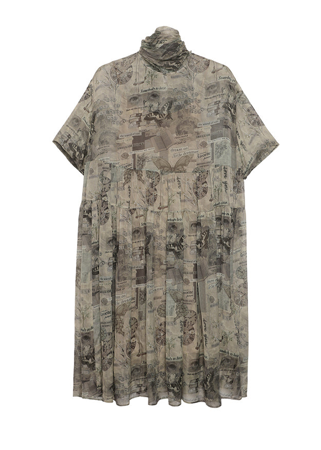 Italian Green Khaki O Neck Print Patchwork Silk Dress Summer