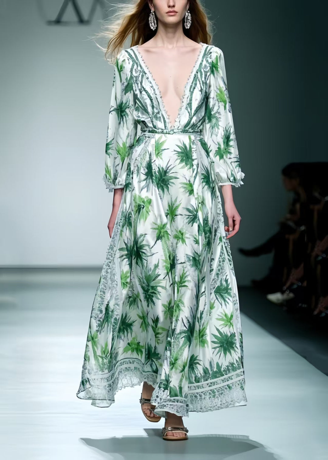 Italian Green Leaf Print Exra Large Hem Silk Dress Bracelet Sleeve