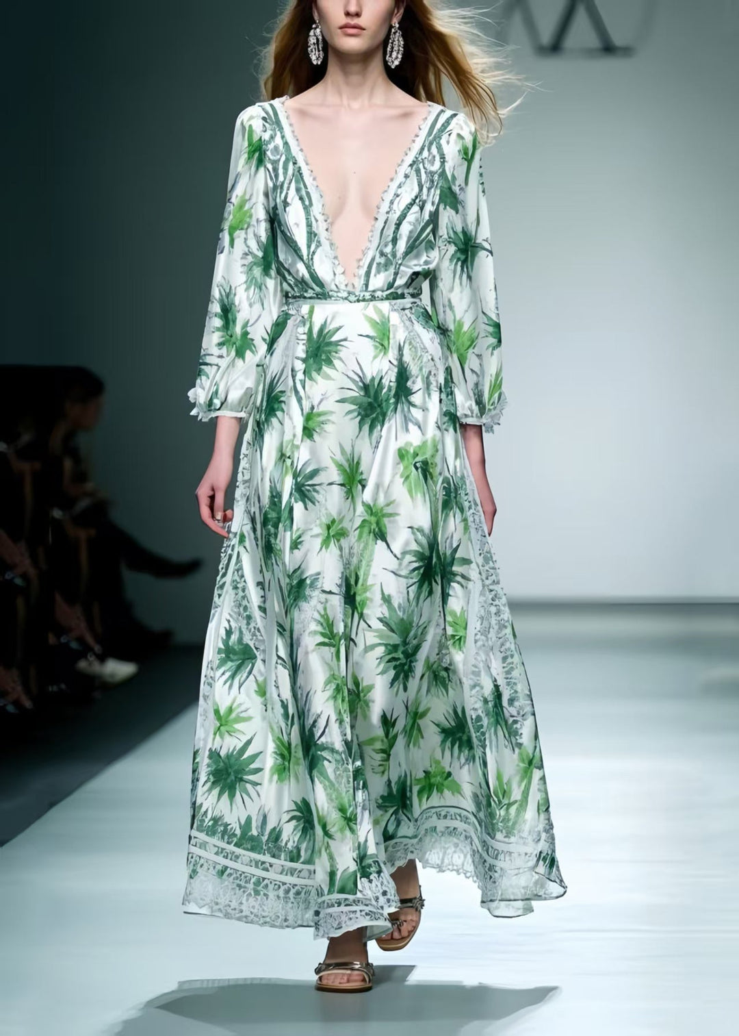 Italian Green Leaf Print Exra Large Hem Silk Dress Bracelet Sleeve
