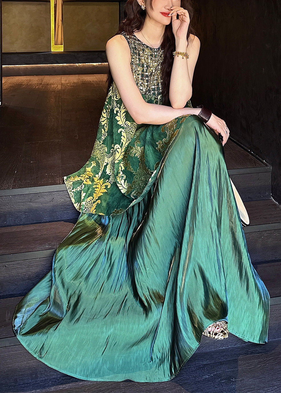 Italian Green O Neck Sequins Tulle Patchwork Silk Dresses Sleeveless